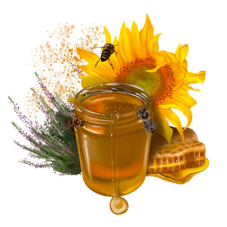 honey composition. watercolor realistic illustration of honey, flowers, honeycombs and beesの写真素材