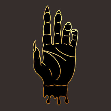 the hand of a witch. tarot card. graphic illustration with golden lines on a dark backgroundの写真素材