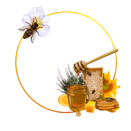 Watercolor frame. Honeycomb, honey bees, flowers, honey and beehive. Realistic illustrationの写真素材