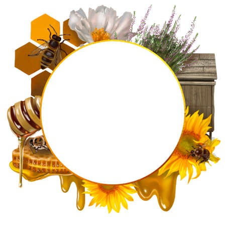 Watercolor frame. Honeycomb, honey bees, flowers, honey and beehive. Realistic illustrationの写真素材