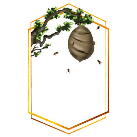 Watercolor frame. Beehive on a tree with bees. Realistic illustration on a white backgroundの写真素材