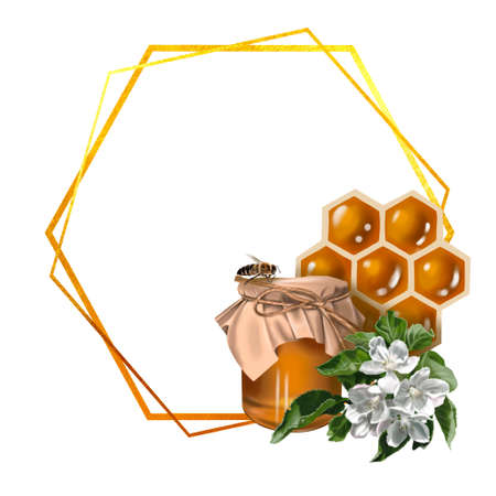 Watercolor frame. Honeycomb, honey bees, flowers, honey and beehive. Realistic illustrationの写真素材