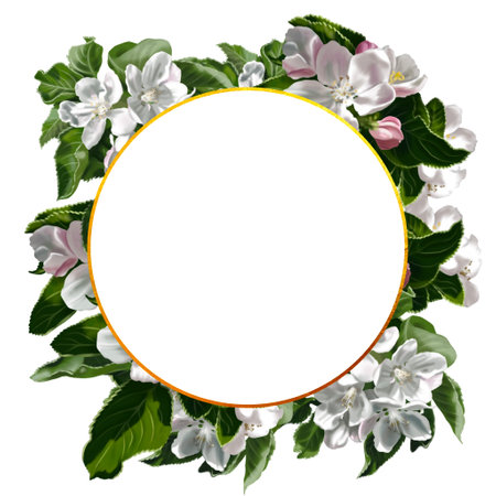 Watercolor frame of apple blossoms and leaves. floral realistic illustrationの写真素材