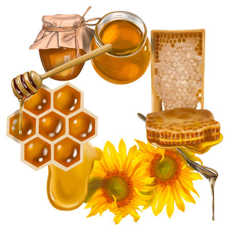 Watercolor frame. Honeycomb, honey bees, flowers, honey and beehive. Realistic illustrationの写真素材