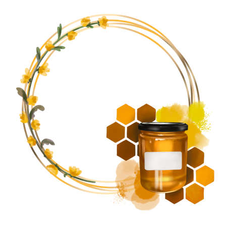 Watercolor frame. Honeycomb, honey bees, flowers, honey and beehive. Realistic illustrationの写真素材