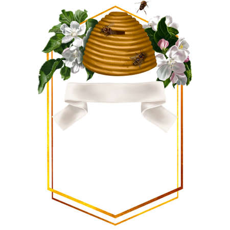 Watercolor frame. Honeycomb, honey bees, flowers, honey and beehive. Realistic illustrationの写真素材