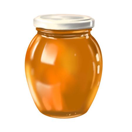 Watercolor jar with honey. Realistic illustration of a honey canの写真素材
