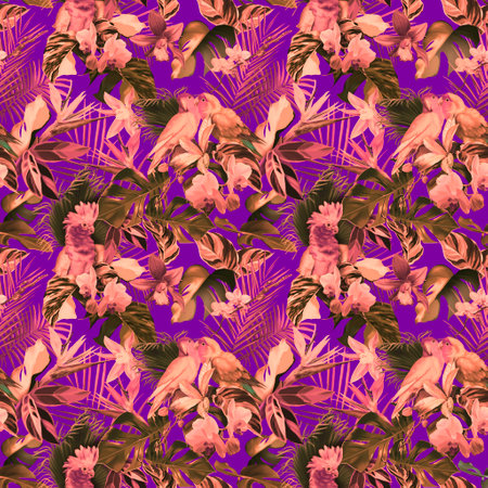tropical watercolor seamless pattern. Realistic leaves and parrots. bright printing. High quality illustrationの写真素材