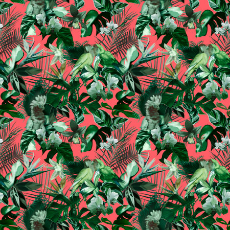 tropical watercolor seamless pattern. Realistic leaves and parrots. bright printing. High quality illustrationの写真素材