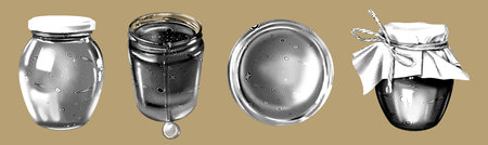 graphic engraving set. Honey, bees, wild flowers, honey spoon, honey jars. illustration of honey collectionの写真素材