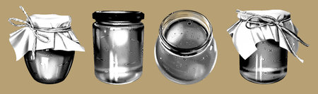 graphic engraving set. Honey, bees, wild flowers, honey spoon, honey jars. illustration of honey collectionの写真素材