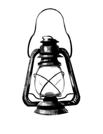 Engraving of a gas lamp. Realistic illustration of a gas lamp. Black and white drawingの写真素材