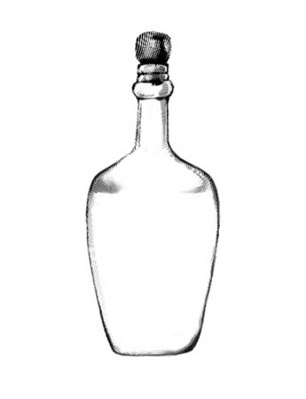 Bottle engraving. Realistic illustration of a transparent bottle. Black and white drawingの写真素材