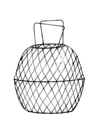 Engraving of a net for catching crabs. A realistic illustration of a fishing net. Black and white drawingの写真素材