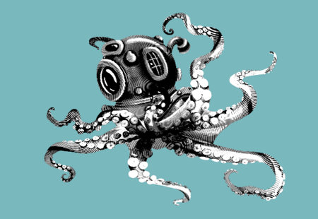 octopus engraving in an underwater helmet. Realistic octopus illustration.の写真素材