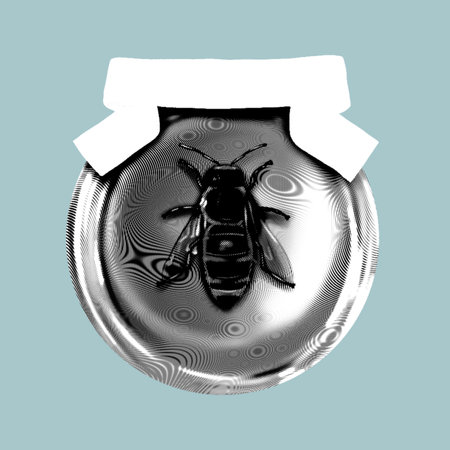 honey composition. graphic engraving realistic illustration of honey, flowers, honeycombs and beesの写真素材