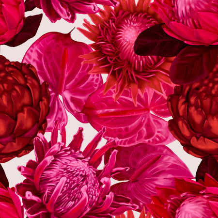 Protea seamless pattern. Viva Magenta Color. Pantone trendy color 2023. watercolor realist flowers of protea and anthurium. Illustration wallpaper. fabric printの写真素材