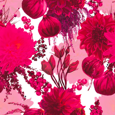viva magenta seamless pattern. trendy color 2023. red flowers, berries and figs.の写真素材
