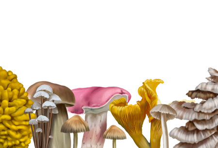 Watercolor frame made of mushrooms. frame with realistic mushrooms. autumn frameの写真素材