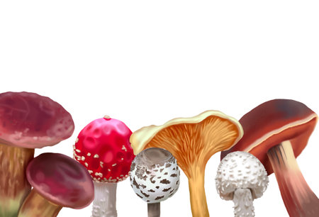 Watercolor frame made of mushrooms. frame with realistic mushrooms. autumn frameの写真素材