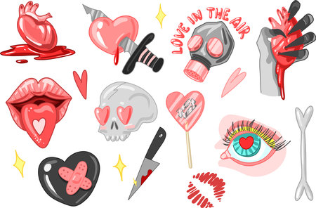 Set Creepy Valentine clipart, Spooky Valentine, Pastel Goth digital stickers, Alternative Valentine day vector EPS10のイラスト素材