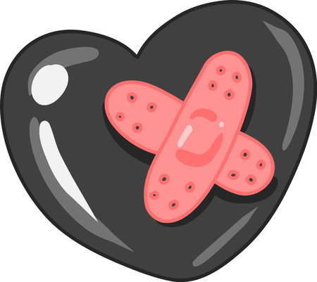 A black heart taped over with a Band-Aid, Creepy Valentine clipart, Spooky Valentine, Pastel Goth digital stickers, Alternative Valentine day vector EPS10のイラスト素材