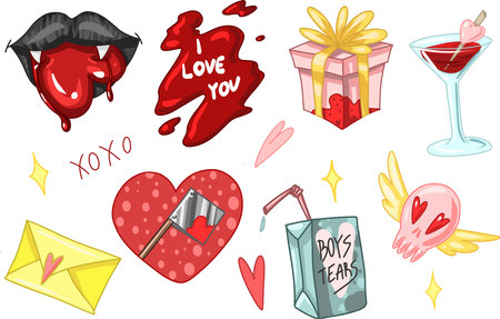 Creepy Valentine clipart, Spooky Valentine, Pastel Goth digital stickers, Alternative Valentine day vector EPS10のイラスト素材