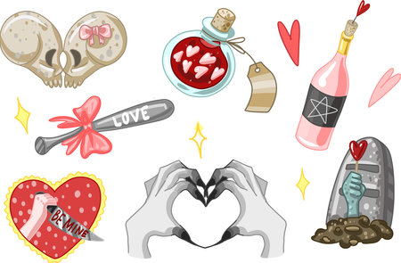 Creepy Valentine clipart, Spooky Valentine, Pastel Goth digital stickers, Alternative Valentine day vector EPS10のイラスト素材