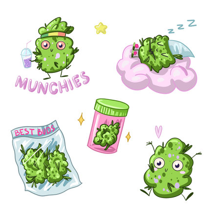 A set of cute marijuana characters. cannabis is funny. weed marijuana vectorのイラスト素材