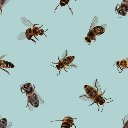 Watercolor seamless pattern of honey bees. Realistic illustration of beesの写真素材