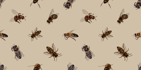 Watercolor seamless pattern of honey bees. Realistic illustration of beesの写真素材