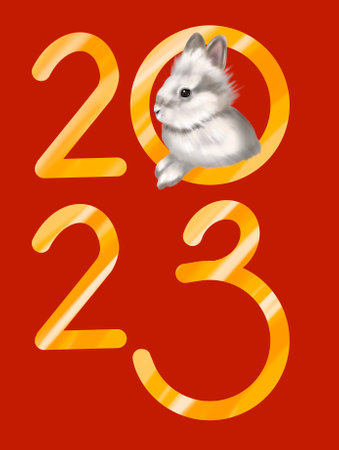 Happy Chinese new year greeting card 2023 with rabbit. Animal holidays realistic character.の写真素材