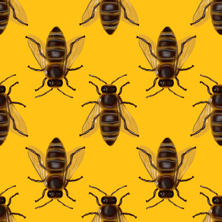 Realistic seamless pattern of honey bees. Watercolor background of beesの写真素材