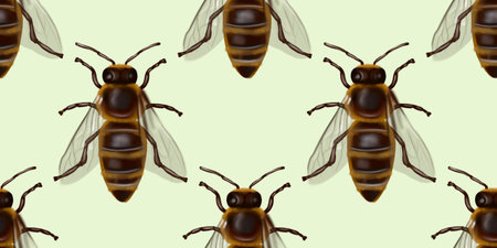 Realistic seamless pattern of honey bees. Watercolor background of beesの写真素材