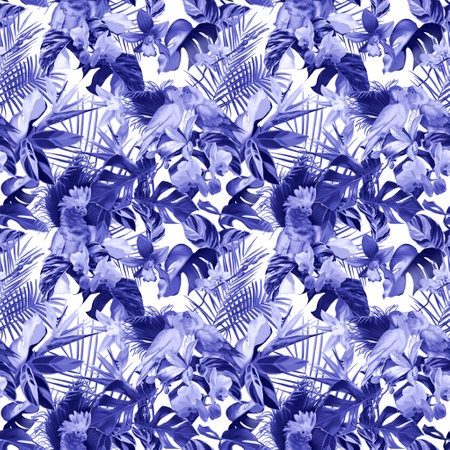 tropical watercolor seamless pattern. blue and white. Realistic leaves and parrots. bright printingの写真素材