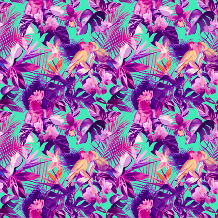tropical watercolor seamless pattern. pink and blue color. Realistic leaves and parrots. bright printingの写真素材