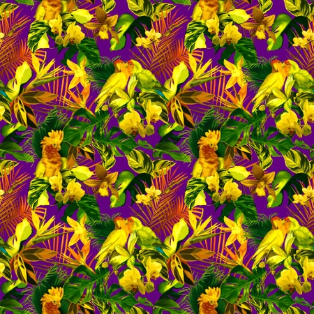 tropical watercolor seamless pattern. purple and yellow colour. Realistic leaves and parrots. bright printingの写真素材