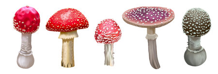 Set Watercolor red fly agaric. Realistic fly agaric mushroom. Poisonous mushroomの写真素材