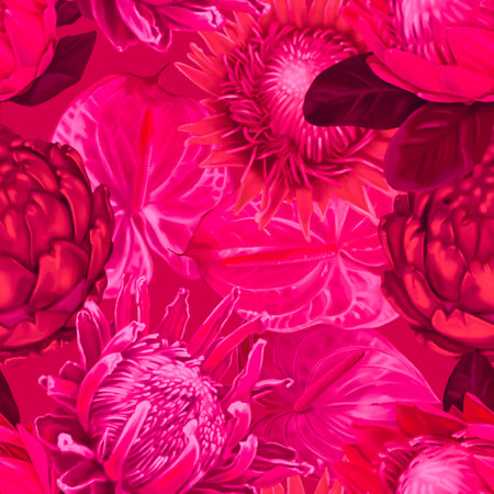 Protea seamless pattern. Viva Magenta Color. trendy color 2023. watercolor realist flowers of protea and anthurium. Illustration wallpaper. fabric printの写真素材