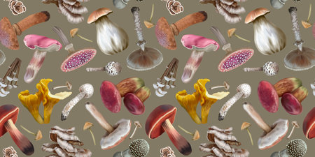 Watercolor seamless mushroom pattern. Realistic mushrooms. autumn patternの写真素材