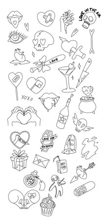 Creepy Valentine clipart, Spooky Valentine, Pastel Goth digital stickers, Alternative Valentine day vectorのイラスト素材