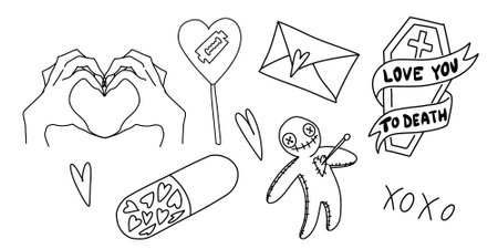 Creepy Valentine clipart, Spooky Valentine, Pastel Goth digital stickers, Alternative Valentine day vectorのイラスト素材