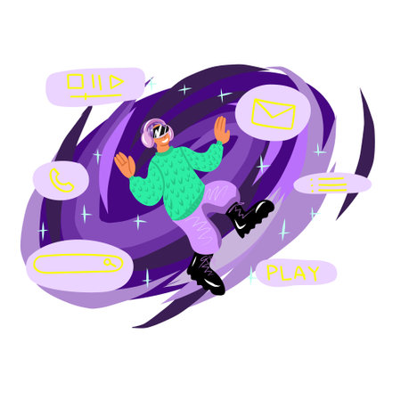 a person in VR glasses and headphones. communication in the network. new vector technologyのイラスト素材