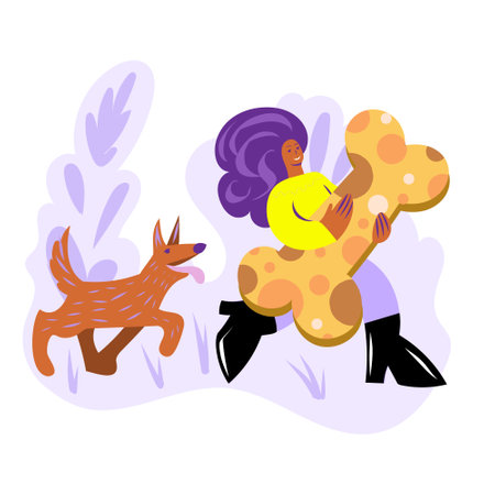 The character of a woman carries a large bone - a treat for a dog. human with pet vectorのイラスト素材