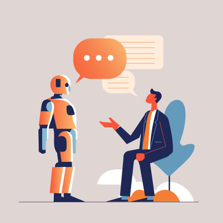 Man communicating with robot. man communicating with artificial intelligence vector illustrationのイラスト素材