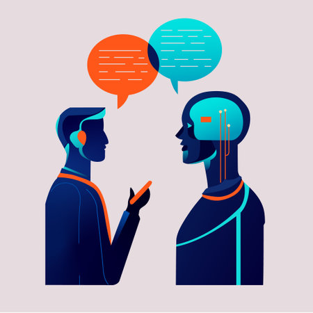Man communicating with robot. man communicating with artificial intelligence vector illustrationのイラスト素材