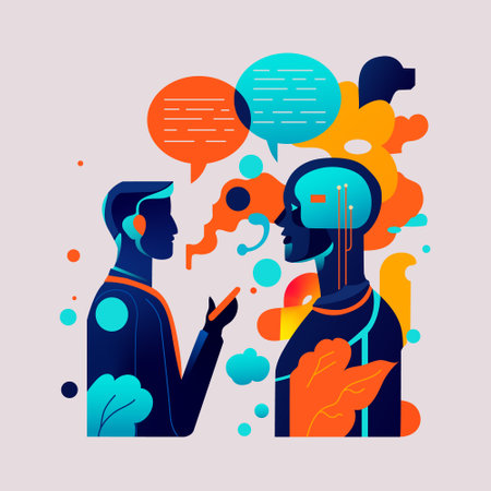 Man communicating with robot. man communicating with artificial intelligence vector illustrationのイラスト素材