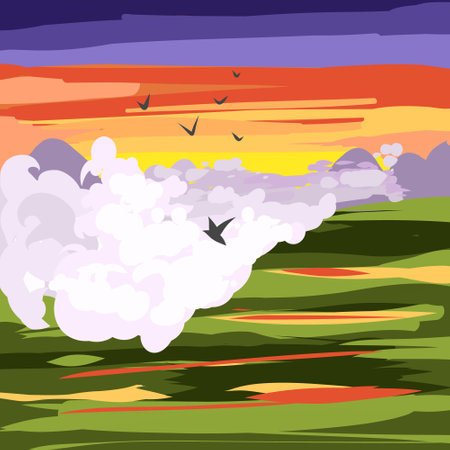 vector illustration of the landscape. sunset, clouds and birds.のイラスト素材