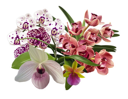 Watercolor bouquet of orchids. Realistic flowers of cymbidium, phalaenopsis and Paphiopedilumの写真素材