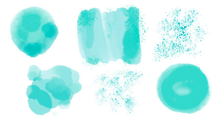 A set of watercolor colored spots. tourquoise water spots on a white background.の写真素材